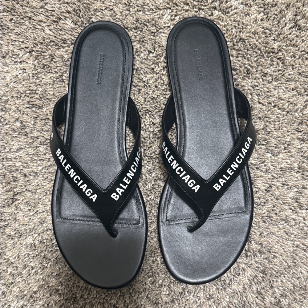 Balenciaga Black Logo Thong Sandals with White Text